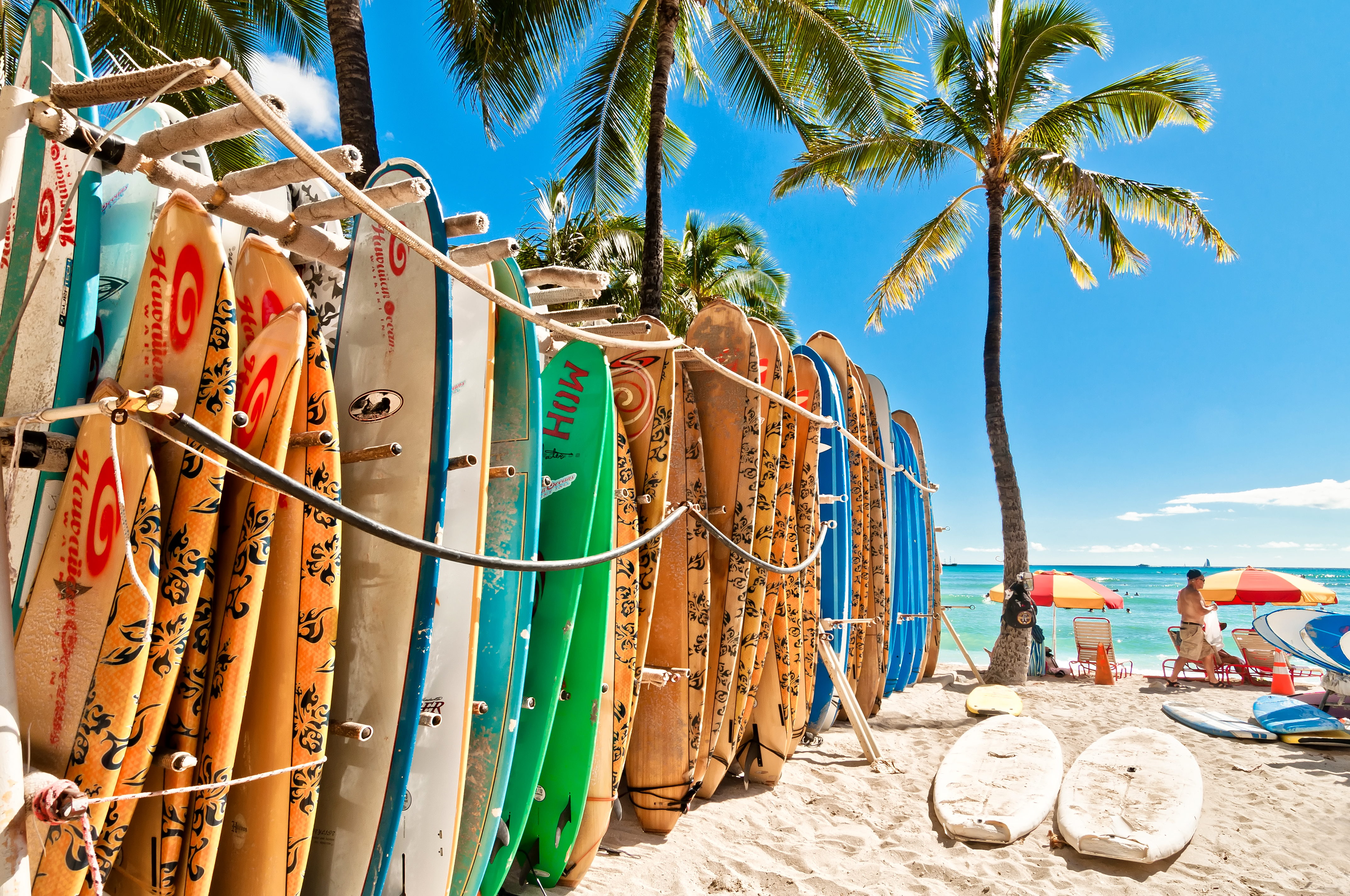 HONOLULU, HAWAII - SEPTEMBER 7, 2013 Surfboards lined up in the rack at famous Waikiki Beach in Honolulu. Oahu, Hawaii.jpg