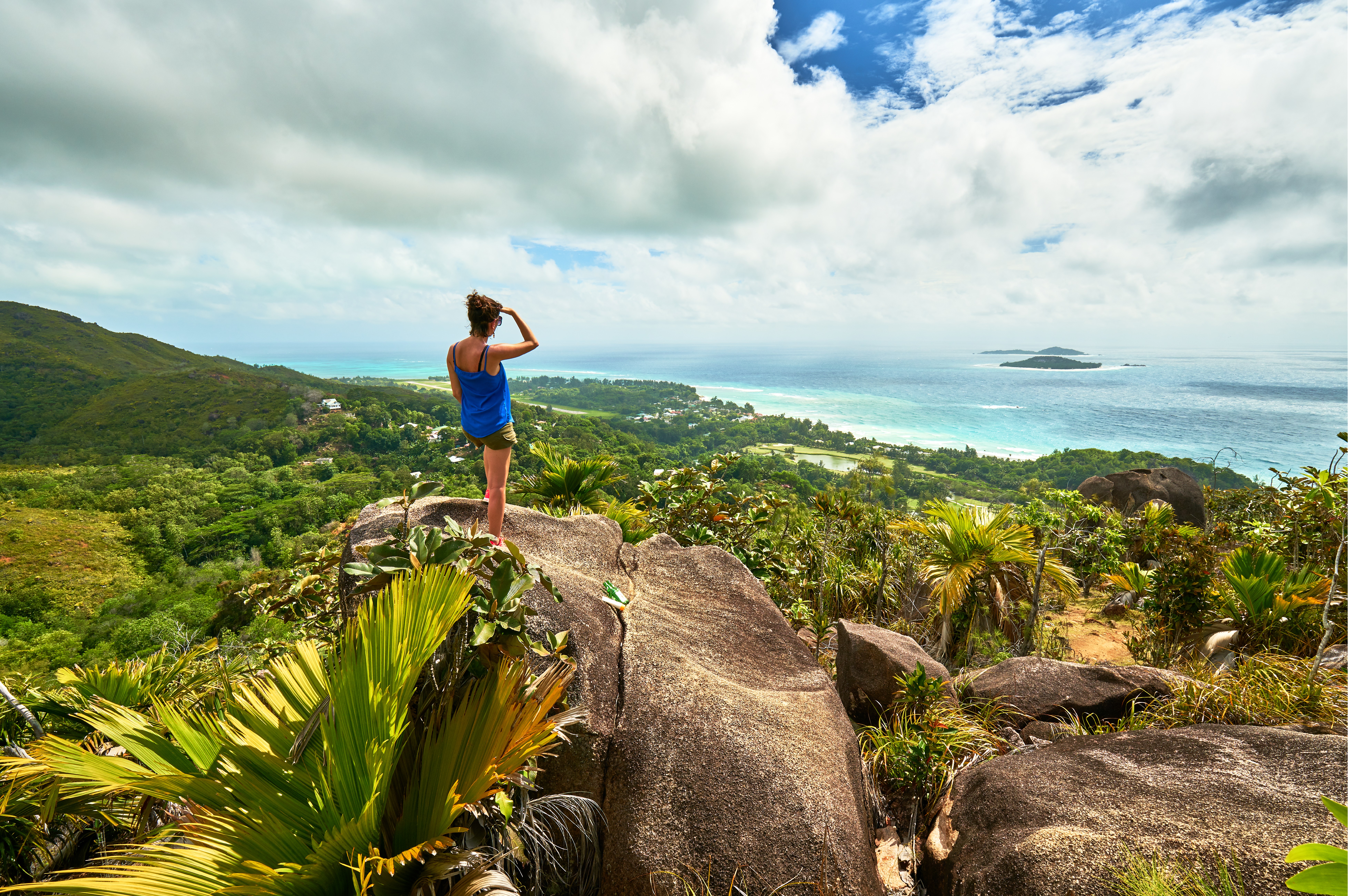 Adventure Woman Hiking On Chenard Mountain, Praslin, Seychelles1