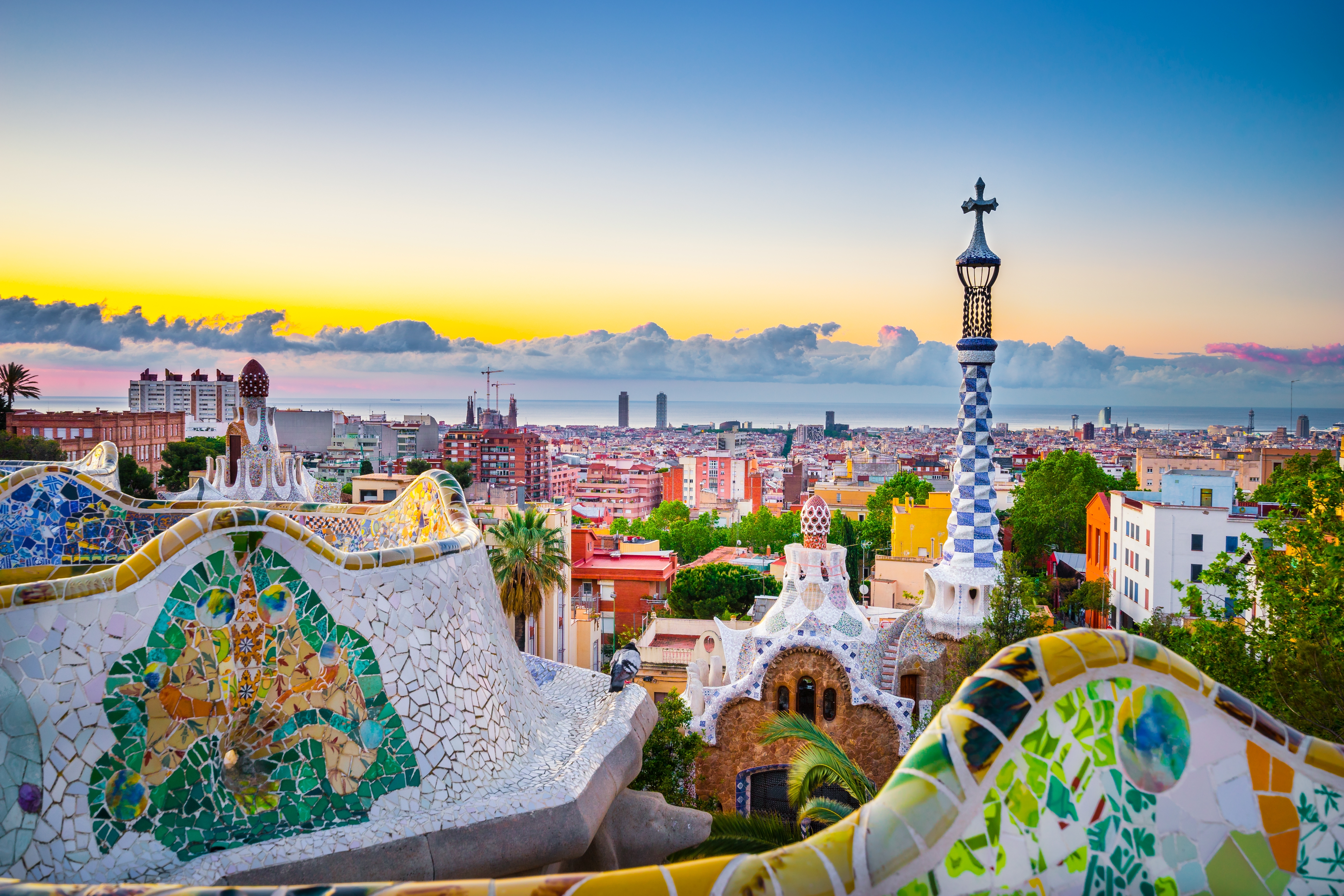 Barcelona At Sunrise Viewed From Park Guell, Spain
