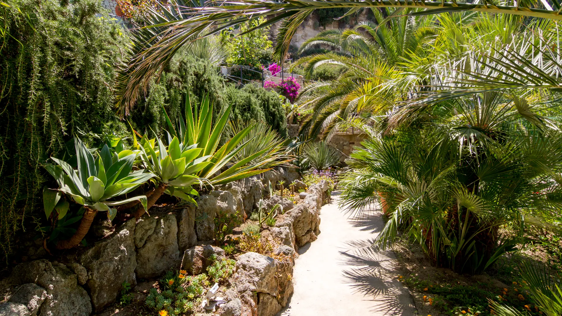 Små stier fører fra en hage og basseng til den neste