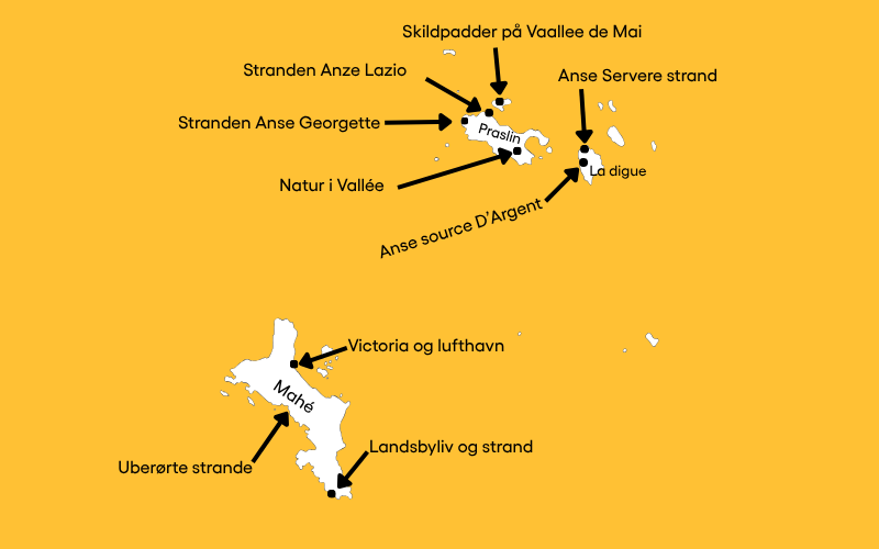 Kort over Seychellerne med Praslin og La Digue samt strande og seværdigheder